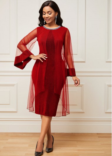 Modlily Chiffon Mesh Stitching Embellished Neck Wine Red Dress - M