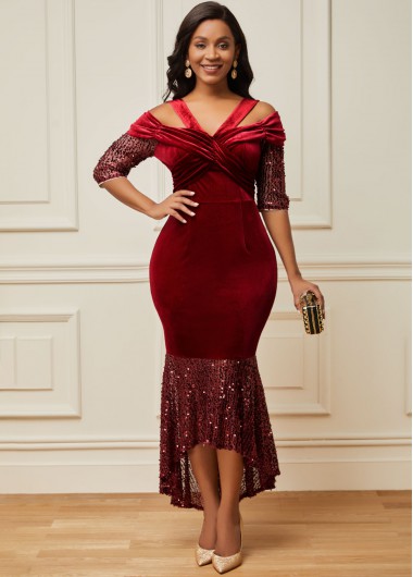 Modlily Sequin Wine Red High Low Dress - M