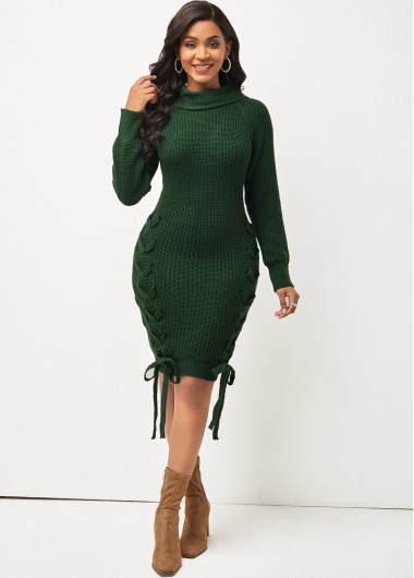 Modlily Long Sleeve Lace Up Green Sweater Dress - M