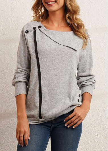 Modlily Decorative Button Long Sleeve Grey Sweatshirt - M