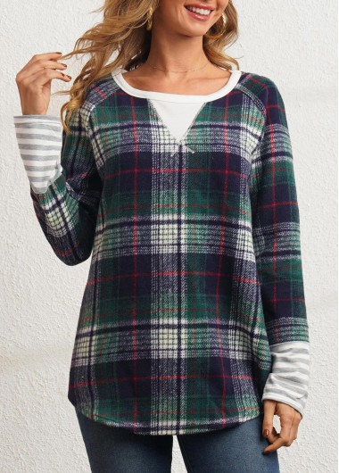Modlily Plaid Round Neck Long Sleeve Green Sweatshirt - M