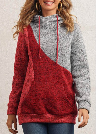 Modlily Color Block Drawstring Kangaroo Pocket Hoodie - L