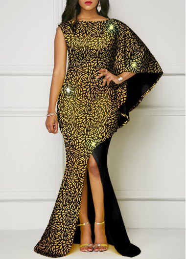 Modlily Hot Stamping Boat Neck Side Slit Dress - XL