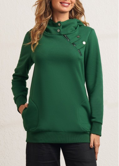 Modlily Zipper Detail Dark Green Long Sleeve Hoodie - L