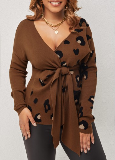 Modlily Leopard Brown Tie Front V Neck Sweater - M