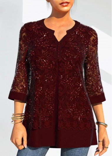 Modlily Lace Patchwork Solid 3/4 Sleeve Split Neck Blouse - M