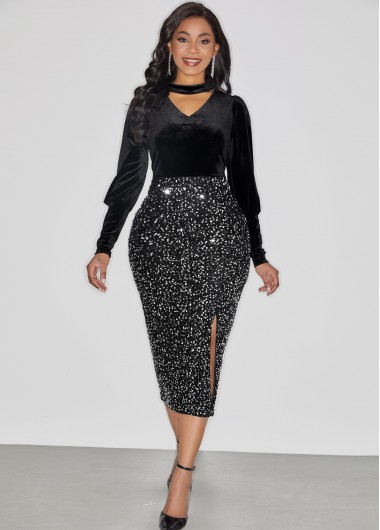 Modlily Sequin Black Velvet Stitching Side Slit Dress - M