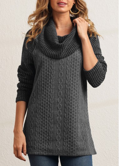 Modlily Cowl Neck Grey Long Sleeve Tunic Top - M