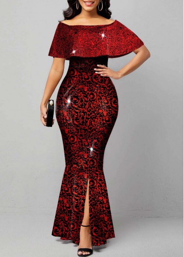 Modlily Hot Stamping Short Sleeve Front Slit Hem Mermaid Dress - S