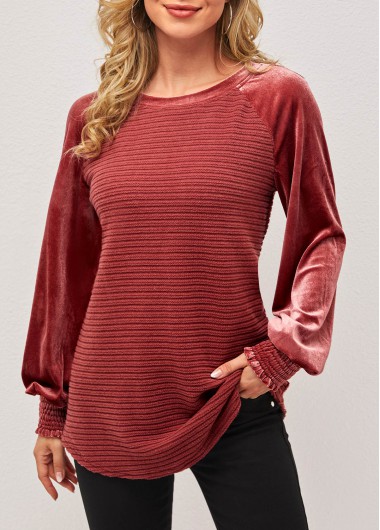Modlily Velvet Stitching Round Neck Deep Red Tunic Top - XL