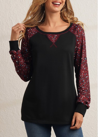 Modlily Leopard Black Round Neck Long Sleeve Sweatshirt - L