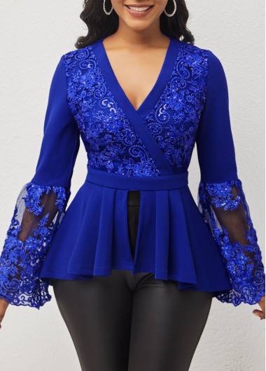 Modlily Lace Stitching Flare Sleeve Royal Blue Blouse - M