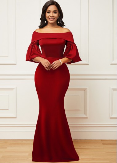 Modlily Red Off Shoulder Lantern Sleeve Mermaid Dress - M