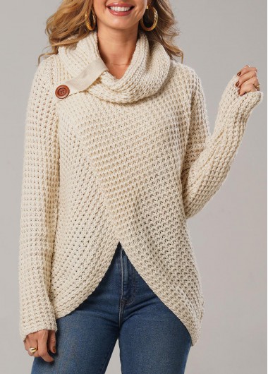 Modlily Cowl Neck Long Sleeve Beige Sweater - M