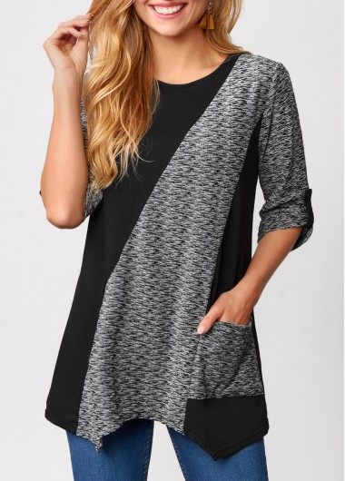 Modlily Pocket Round Neck Asymmetric Hem Black Tunic Top - M