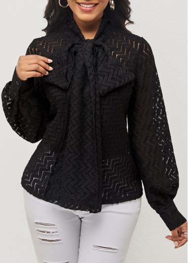 Modlily Black Pierced Tie Front Lantern Sleeve Blouse - XL
