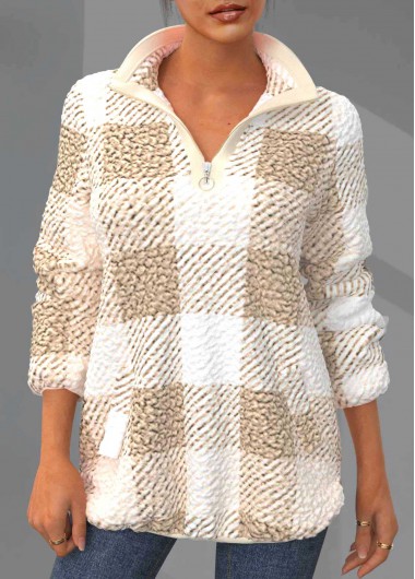 Modlily Quarter Zip Plush Long Sleeve Plaid Sweatshirt - L