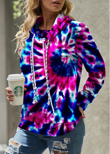 Modlily Drawstring Tie Dye Print Long Sleeve Cowl Neck Sweatshirt - M