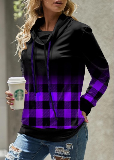 Modlily Ombre Plaid Cowl Neck Long Sleeve Sweatshirt - M