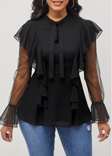 Modlily Long Sleeve Chiffon Black Flounce Blouse - XL