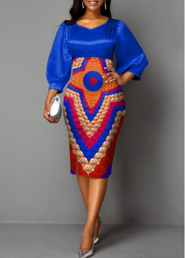 Modlily Lantern Sleeve Tribal Print Sweetheart Neckline Dress - M