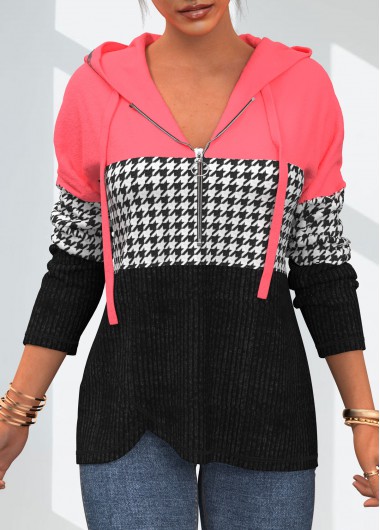 Modlily Houndstooth Print Contrast Quarter Zip Hoodie - S