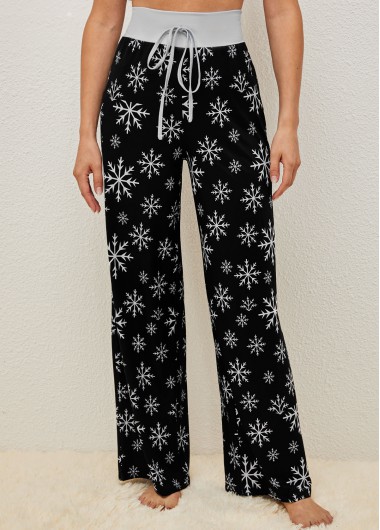 Modlily Christmas Snowflake Print Black Drawstring Pajama Pants - L