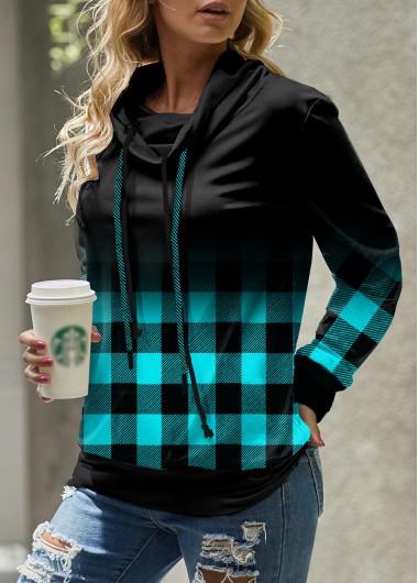 Modlily Ombre Plaid Blue Cowl Neck Sweatshirt - M