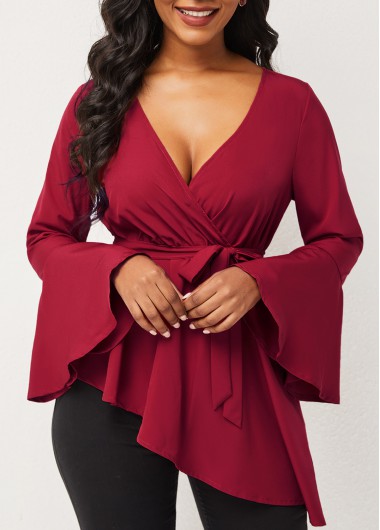 Modlily Asymmetric Hem Flare Sleeve Red Tie Side Blouse - XL