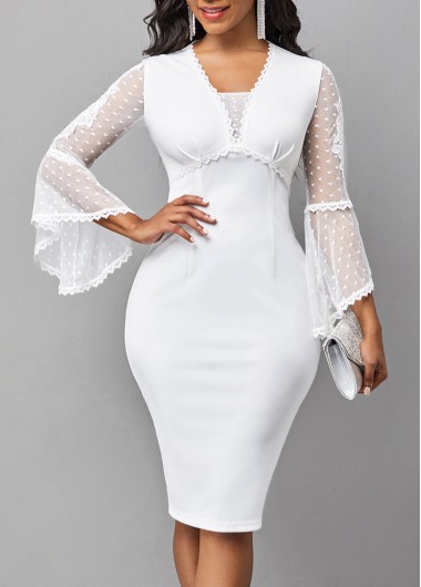 Modlily White Flare Sleeve Mesh Stitching Bodycon Dress - M