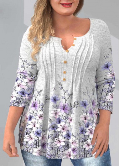 Modlily Plus Size Floral Print Grey T Shirt - 3X