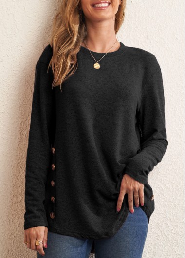 Modlily Black Decorative Button Long Sleeve T Shirt - 2XL