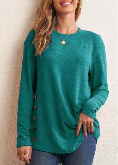 Modlily Decorative Button Green Long Sleeve Round Neck T Shirt - 2XL