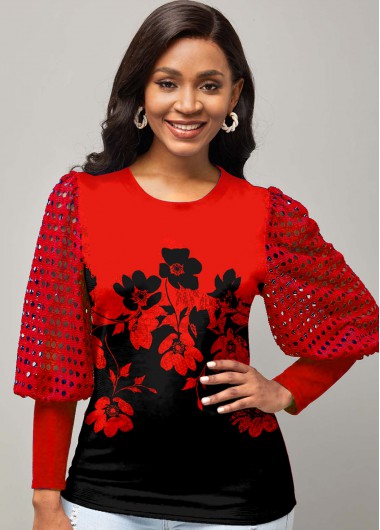 Modlily Puff Sleeve Floral Print Round Neck T Shirt - M