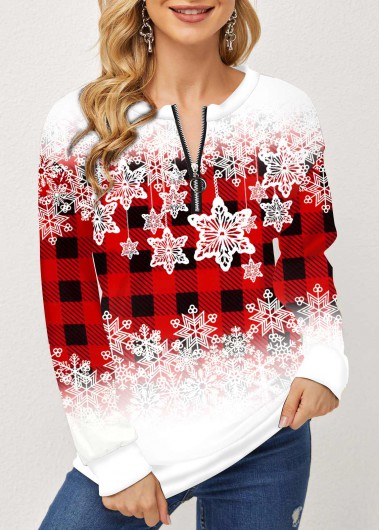 Modlily Ombre Christmas Snowflake Print Split Neck Red Sweatshirt - M