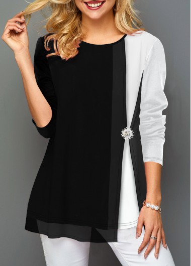 Modlily Color Block Round Neck Long Sleeve T Shirt - M