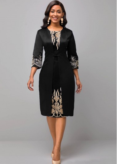 Modlily Black Round Neck 3/4 Sleeve Embroidered Dress - M