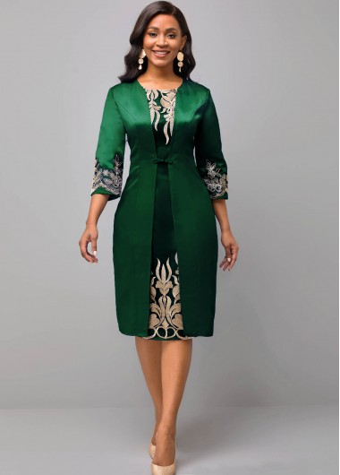 Modlily Green Round Neck 3/4 Sleeve Embroidered Dress - M