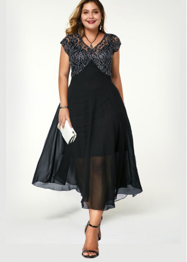 Modlily Plus Size Black Lace Stitching V Neck Dress - 3X