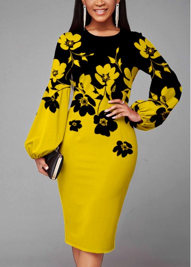 Modlily Yellow Lantern Sleeve Floral Print Dress - M
