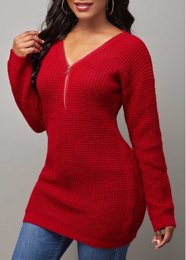 Modlily Zipper Detail V Neck Long Sleeve Red Sweater - S
