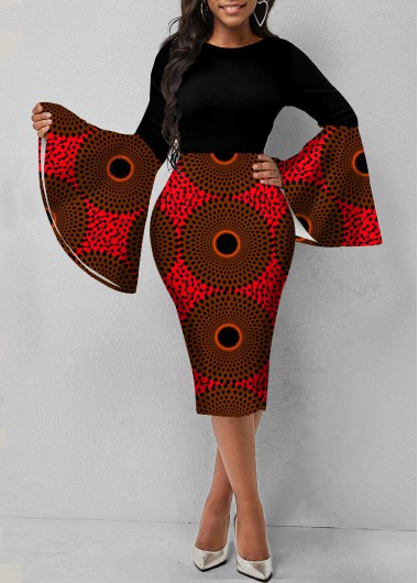 Modlily Tribal Print Long Sleeve Round Neck Dress - M