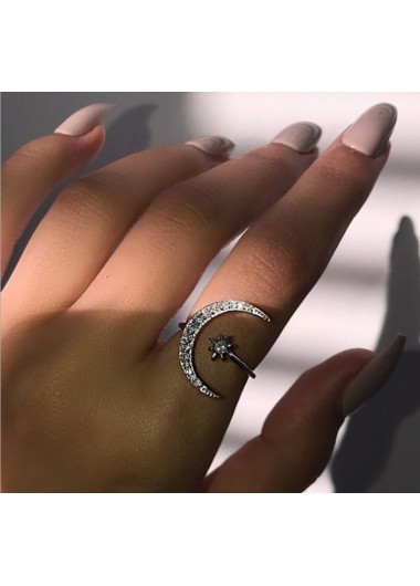 Modlily Moon and Star Design Silver Rhinestone Ring - One Size