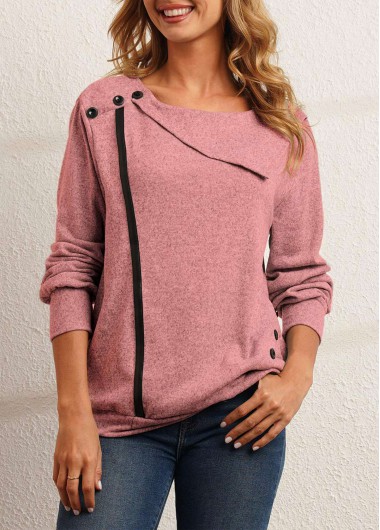 Modlily Decorative Button Pink Long Sleeve Sweatshirt - XL