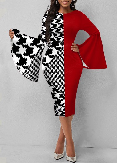 Modlily Houndstooth Print Color Block Flare Sleeve Dress - M