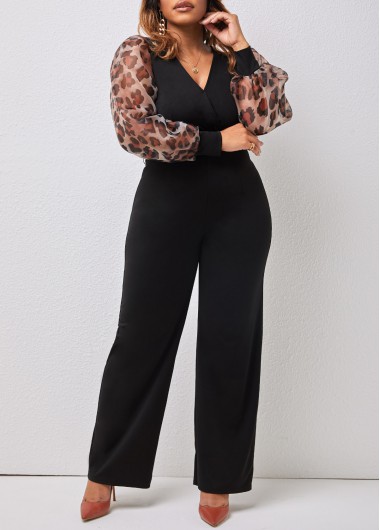 Modlily Puff Sleeve Leopard Black V Neck Jumpsuit - S