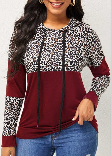 Modlily Wine Red Long Sleeve Drawstring Hoodie - 2XL