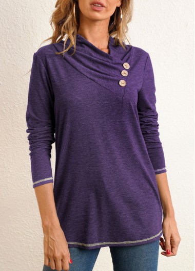 Modlily Decorative Button Long Sleeve Purple T Shirt - S