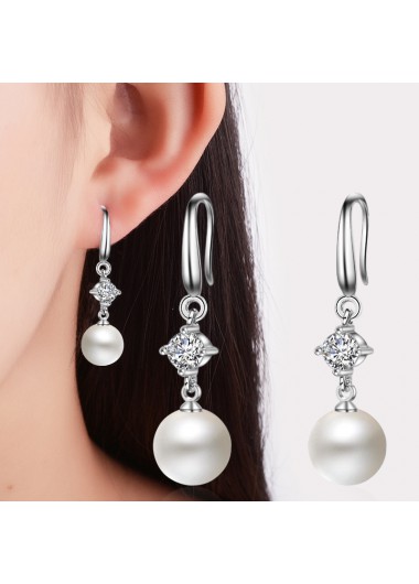 Modlily 1 Pair Pearl Silver Rhinestone Earrings - One Size