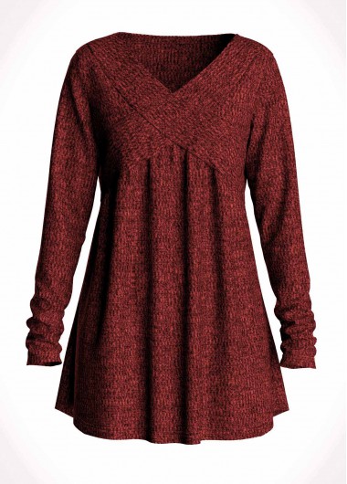Modlily V Neck Long Sleeve Burgundy Sweatshirt - 3X